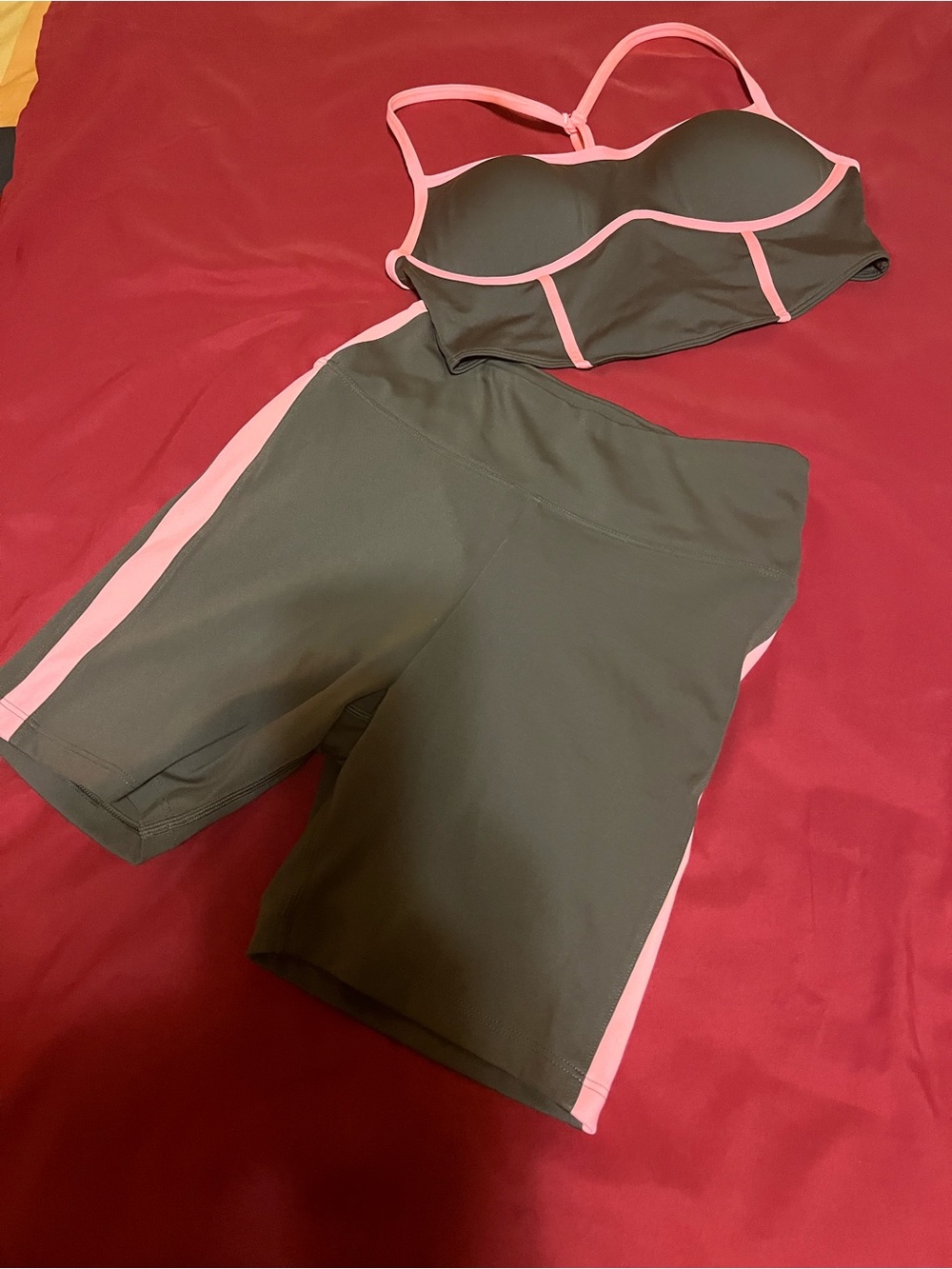 PINK Victoria's Secret Olive Brown Bike Shorts with Pink Spots Bra Side Stripe
